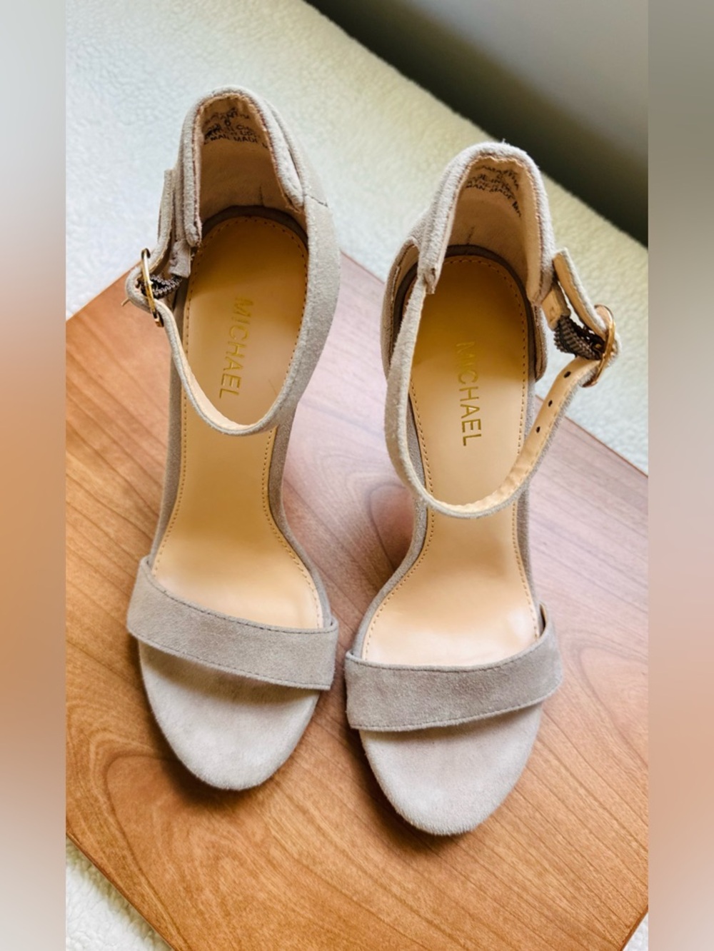 Michael Taupe Suede Ankle-Strap Heels